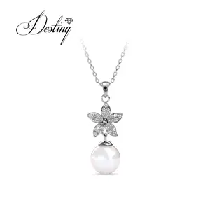 Premium Austrian Crystal Jewelry Silver / Brass Charm Crystal Pearl Flower Shaped Pendant Necklace For Women Destiny Jewellery