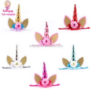 Girls Christmas Halloween Gift GIitter Unicorn Horn Headbands with Pony Ear and Felt Rose Flower Animal Unicorn Party Supplies