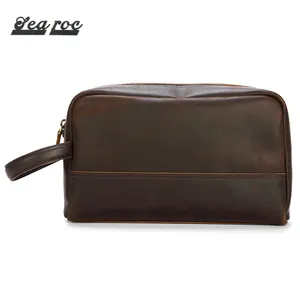 Klasik büyük dana seyahat makyaj çantası deri lüks kahverengi makyaj çantası erkek seyahat tuvalet fermuarlı çanta