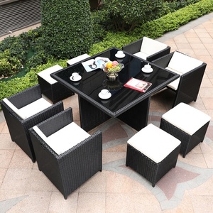 Giải trí lưu trữ màu đen 9 mảnh vườn <span class=keywords><strong>wicker</strong></span> ăn uống đặt đồ nội thất ngoài trời Patio mây nhôm bảng và 4 chỗ ngồi ghế - Product Image 1