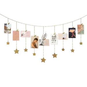 Hanging Photo Display Wood Stars Garland with Chains Picture Frame Collage with Wood Clips Wall Art Decoration for Home Office