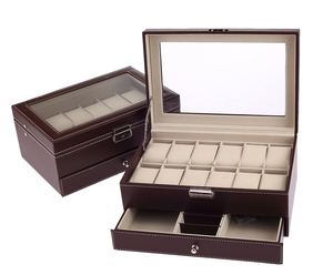 Phổ biến 12 đồng hồ trang sức thiết lập lưu trữ nâu đen PU hộp da với gương kính nắp - Product Image 4