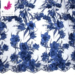 Navy blue african laces high quality 3d flower fabric tulle embroidered fabric for wedding HY0976-1