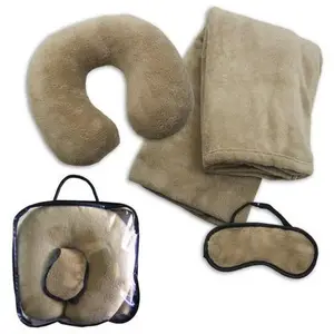 定制标志彩色法兰绒2合1枕头毛绒旅行套装毛毯领带眼罩U形枕头