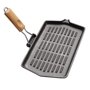 Poêle à griller <span class=keywords><strong>rectangulaire</strong></span> en fonte noire, poignée en bois pliable, pré-culottée, compatible gaz et <span class=keywords><strong>induction</strong></span>, UE - Product Image 5