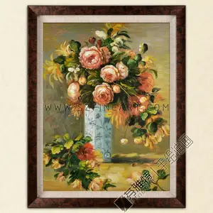 Roses and Jasmine in a Delft Vase, 100% Handmade Impression Flower Painting Auguste Renoir painting reproduction art