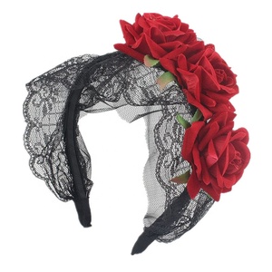 Serre-tête en tissu fleuri pour fête d'Halloween, couronne de roses, accessoires de cheveux pour costumes de cosplay d'Halloween, coiffe Jour des Morts - Product Image 1