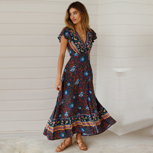 A Vita alta Floreale Con Scollo A V Boho delle Donne Maxi Abito <span class=keywords><strong>Manica</strong></span> <span class=keywords><strong>Corta</strong></span> Split Lace UP Wrap <span class=keywords><strong>Vestiti</strong></span> <span class=keywords><strong>Lunghi</strong></span> Delle Donne 2019 di Estate abiti da spiaggia - Product Image 4
