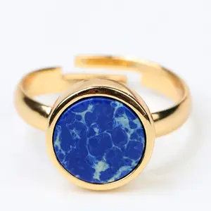 24K Gold Plating Round Sea Sediment Turquoise Stone Rings for Women Adjustable Finger Ring Men Vintage Antique Style Jewelry