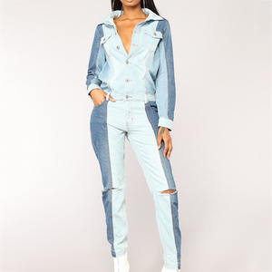 Nuevo diseño mujeres <span class=keywords><strong>Denim</strong></span> Romper Lapel Botón de manga larga roto azul mono - Product Image 5