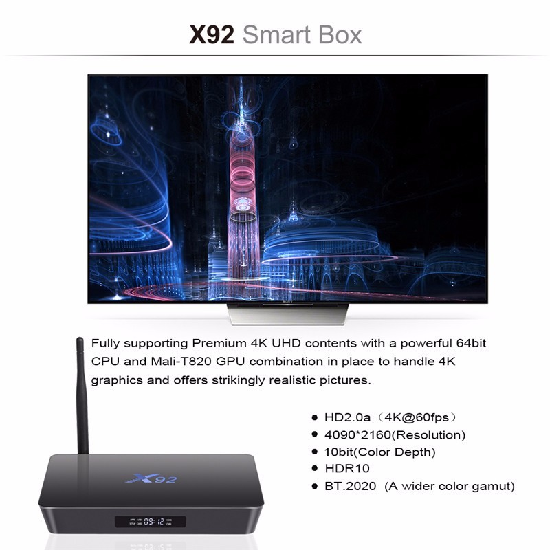 Android smart tv caja X92 con amlogic S912 procesador 2 GB RAM 16 GB ROM Bluetooth WIFI de banda Dual 1000 M