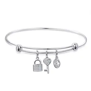 BAGREER SCB119 Luxury Big Kim Cương Đá Tassel Khóa Tình Yêu Tim Chính Charms Điều Chỉnh Phụ Nữ Bangle 925 Bạc Vòng Tay