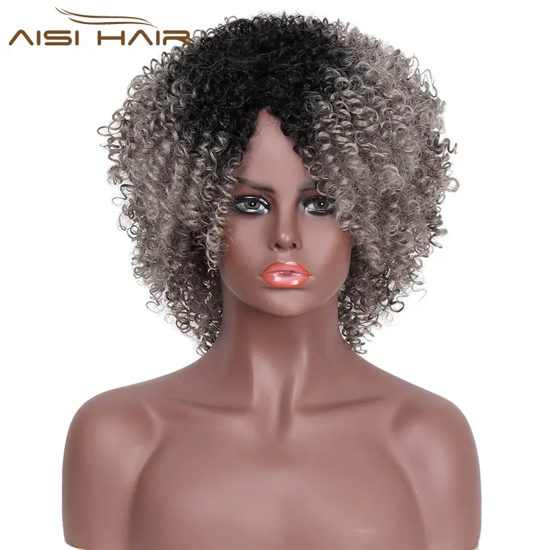 Aisi Haar Mode-stil Kurze Afro Verworrenes Lockiges Haar Perücken Billig Synthetische Ombre Grau Farbe Perücke Für Schwarze Frauen