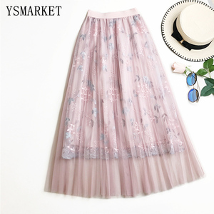 Summer <strong>Pleated</strong> <strong>Skirt</strong> Mesh <strong>Pink</strong> Beige Blue Embroidery Elastic Waist Long <strong>Skirts</strong> Womens Bandage Sexy Party Office Lady Midi <strong>Skirt</strong> - Product Image 4