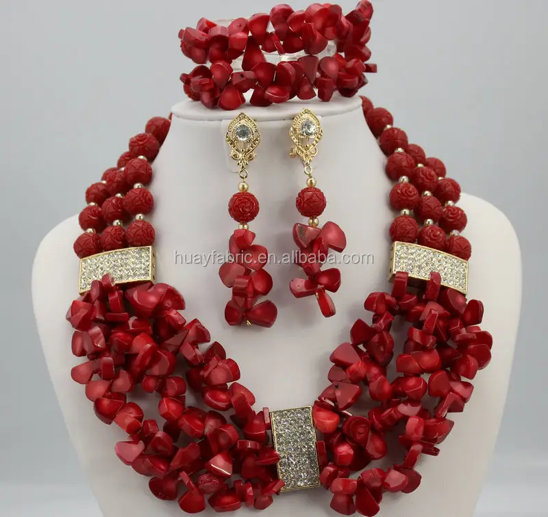 Wine Red African Coral Beads Jewelry Set Handmade Nigerian Beaded Coral Jewelry Set JS0049