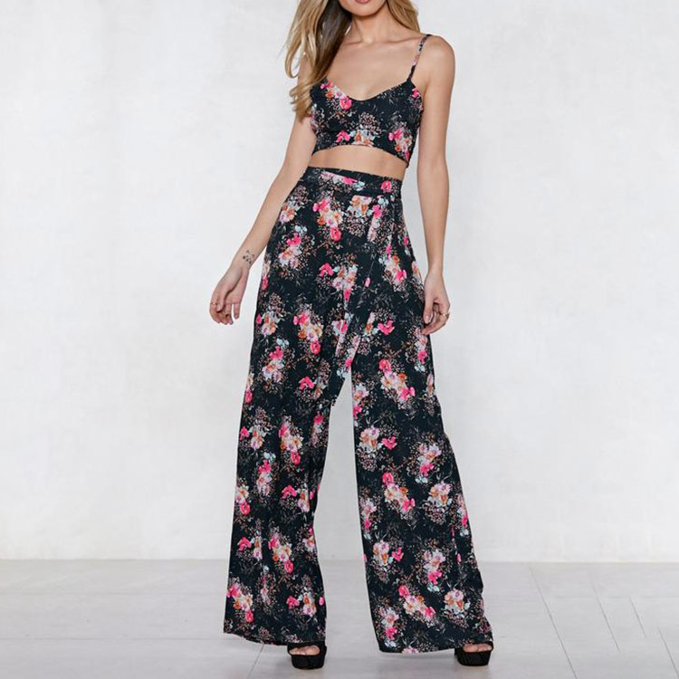 Guangzhou factory manufacturer designs 2 piece set pants women floral ,floral palazzo pants