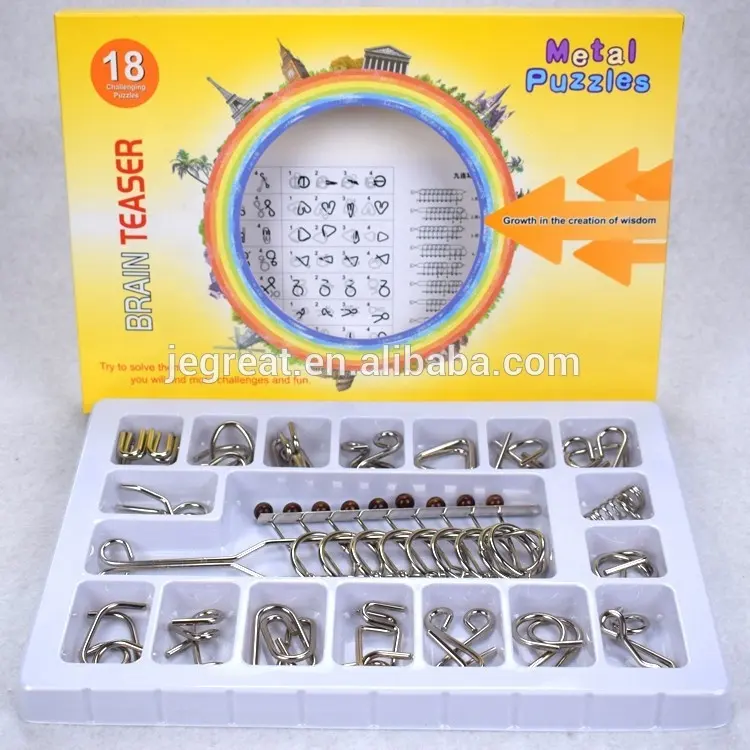 18 STKS Traditionele Chinese 9 Linked Rings Puzzel set IQ Metaaldraad Puzzel IQ Mind Brain Teaser voor Volwassenen