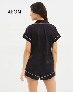 Luxury Blank <strong>Silky</strong> Satin Short Pyjamas Set for Women 2pcs <strong>Top</strong> and Shorts Pajama Set With Contrast Piping - Product Image 3