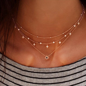 Collana a strati Color oro per donna collana a catena con ciondolo a forma di stelle corte in cristallo ciondoli girocolli gioielli di moda - Product Image 1