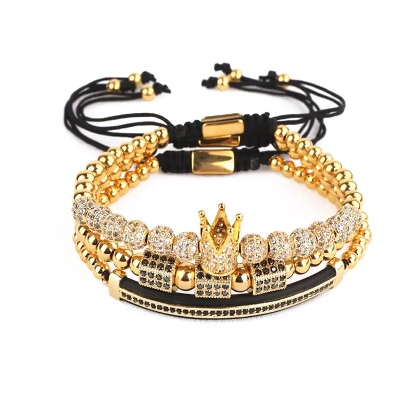 Trendy newest design DIY Women Couple Jewelry Bracelet Drill Ball Charms 3 sets Mens Crown Bracelet Gold Bead Charm Bracelet