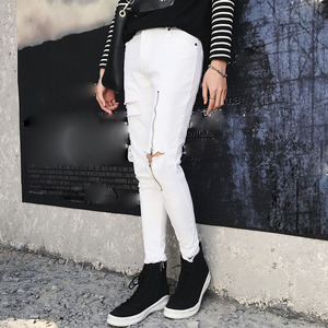 Nuovi <span class=keywords><strong>Jeans</strong></span> Strappati da Uomo Skinny con Zip sulle Ginocchia <span class=keywords><strong>Jeans</strong></span> da Motociclista Neri Bianchi <span class=keywords><strong>Pantaloni</strong></span> <span class=keywords><strong>Jogger</strong></span> - Product Image 4