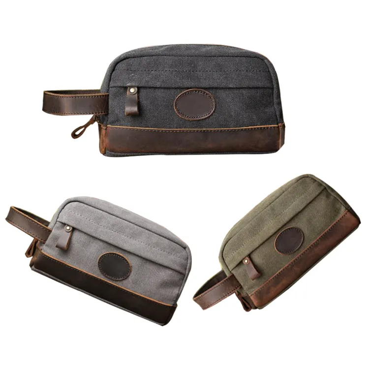 Nieuwe Mode Aangepaste Vintage Beauty Case Dopp Kit Pouch Reizen Mannen Echt Lederen Make-Up Tas Canvas Cosmetische Zakken