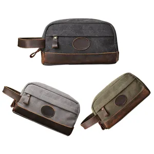 New fashion customized vintage beauty case dopp kit pouch travel men genuine leather makeup bag canvas cosmetic bags