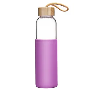 AIHPO06 Botol Air Olahraga Kaca Minum Panas 550Ml, Berwarna Antik Mewah Bebas BPA dengan Lengan Silikon dengan Tutup Bambu