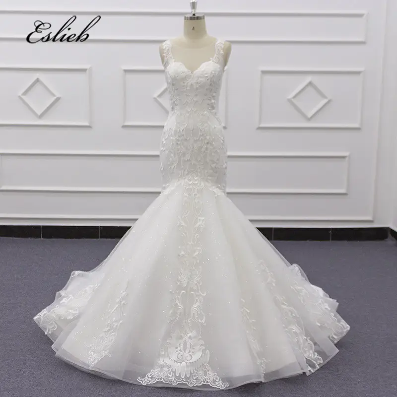 Eslieb SJ178 real photo ivory sleeveless Heavy Lace Bridal Dresses 2019 Africa Bridal Wedding