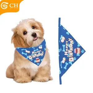 Bandana Segitiga Ulang Tahun Biru Motif Katun Mode Kustom untuk Hewan Anjing