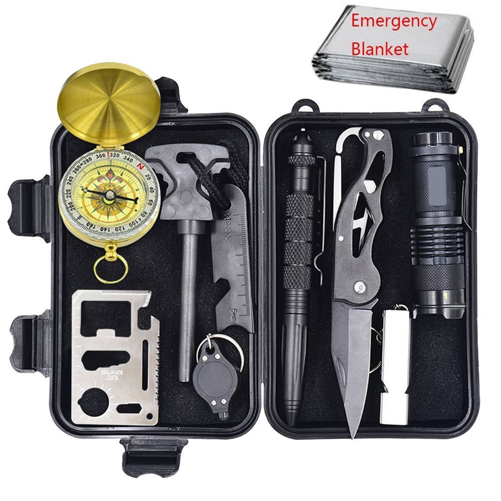 Survival Kit Multifunction 10 in 1 Outdoor Survival Gear With Compass / Flintstone / Knife / Tactical Pen / Emergency Blanket