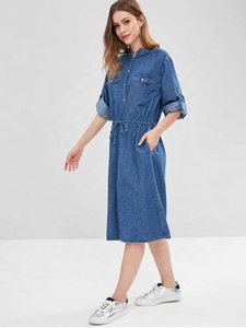 KY Long Light Washed Blue Manga larga Cintura Tie Button up Pocket Shirt Chambray Denim Dress Mujer - Product Image 2
