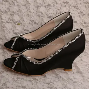 Peep Toe Nêm Gót Black Dress Shoes Phụ Nữ