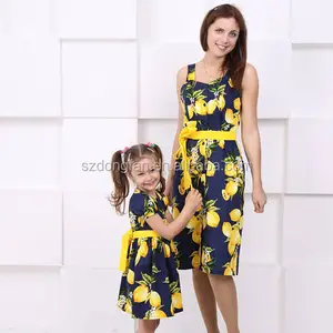 Limon Baskı Pamuk Anne Kızı Eşleştirme Elbise Midi Yaz Parti Elbiseler