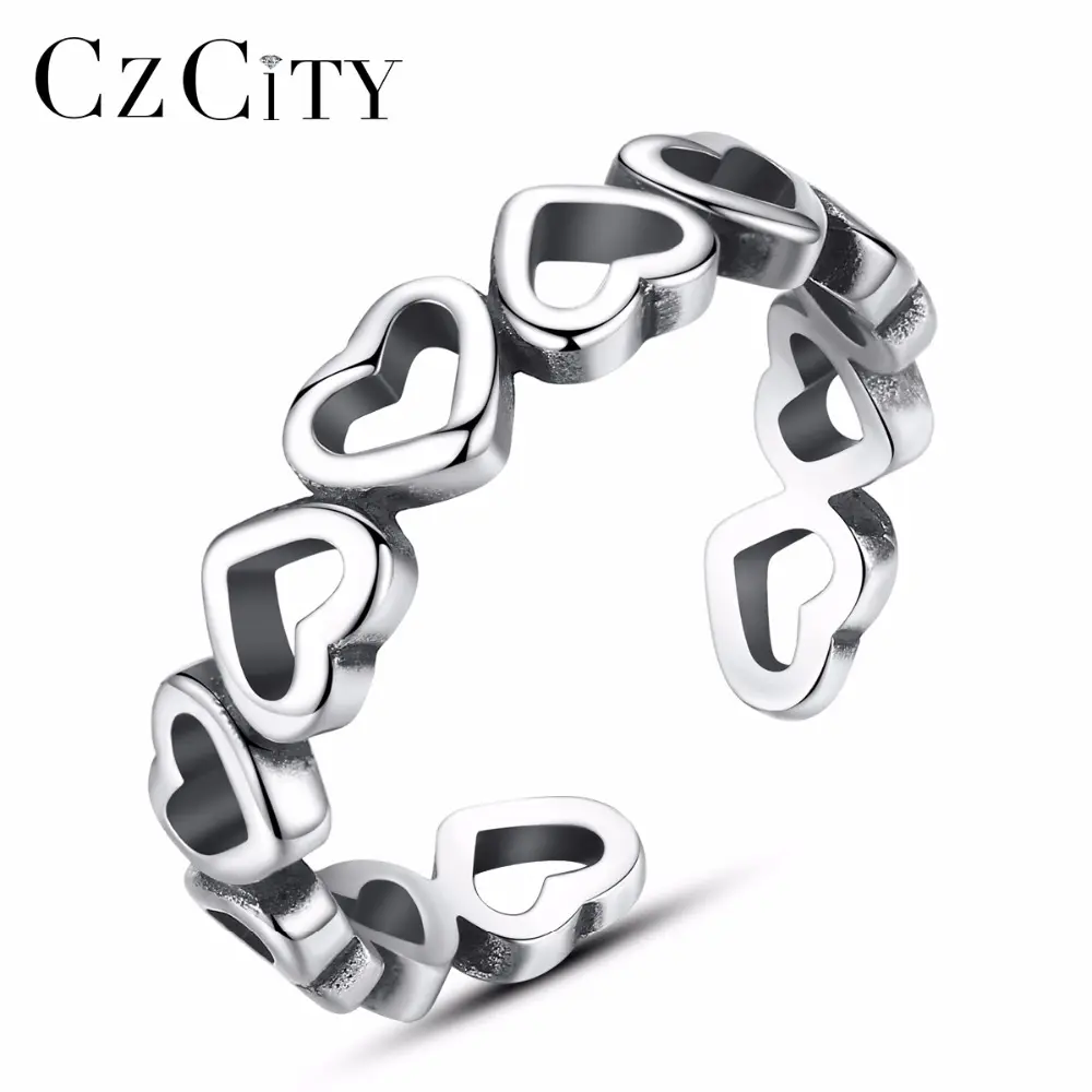 Czcity Luxe Authentieke 925 Sterling Zilver Hollow Heart Verklaring Vrouwen Vintage Zilveren Trendy Ringen