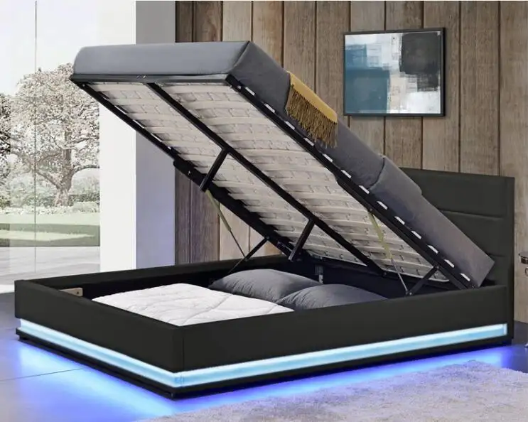 Led Bed Luxury Home Furniture Faux Leather Bed With LED Bed Frame