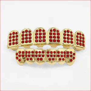 Blues RTS Hip Hop Bling bling Red Crystal rhinestone teeth grillz for Halloween gift Jewelry colorful diamond teeth grills