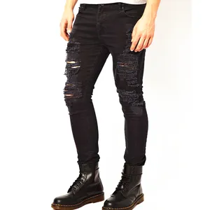 Black Super Skinny Fit Distressed denim man jeans pant denim factory jeans in india size
