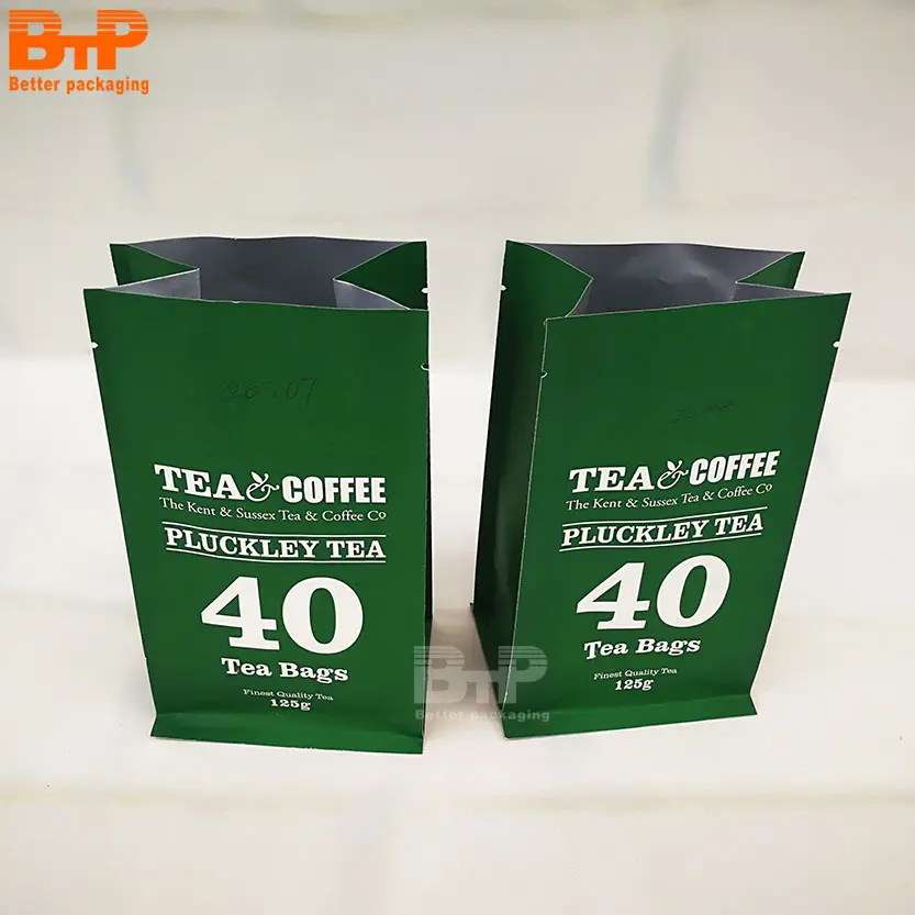 100g 200g 300g Aluminum foil quad seal flat bottom tea coffee printed brown kraft paper food packaging plastic bag