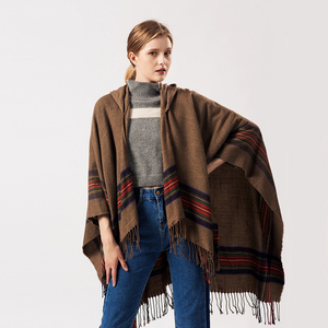 Wholesale Womens Winter Stripe Cardigan Shawls <strong>Poncho</strong> Capes Tassel Cashmere <strong>Ladies</strong> Blanket Hooded Shawl <strong>Poncho</strong> - Product Image 3