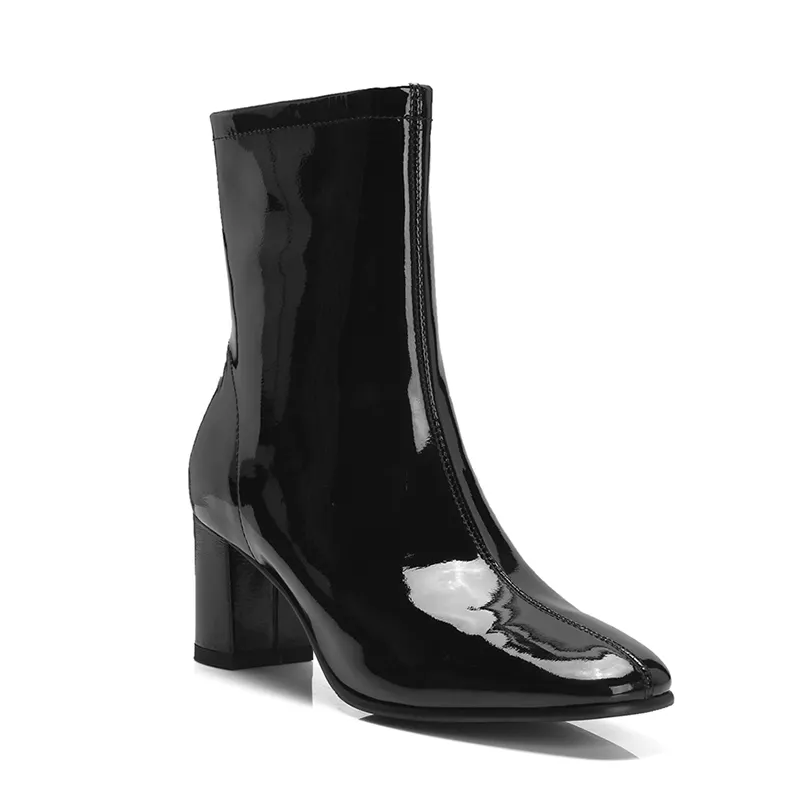 OEM Shoes Patent Leather Fetish Sexy Block Heels Booties Mature Lady Leather Boot Fashion Black Winter Ladies Ankle Boots Women
