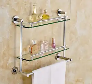 Unique wall mounted brass towel bar chrome double bathroom shelf