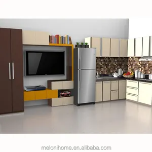 公寓小厨柜想法，小 l形厨房形象，三聚氰胺家具