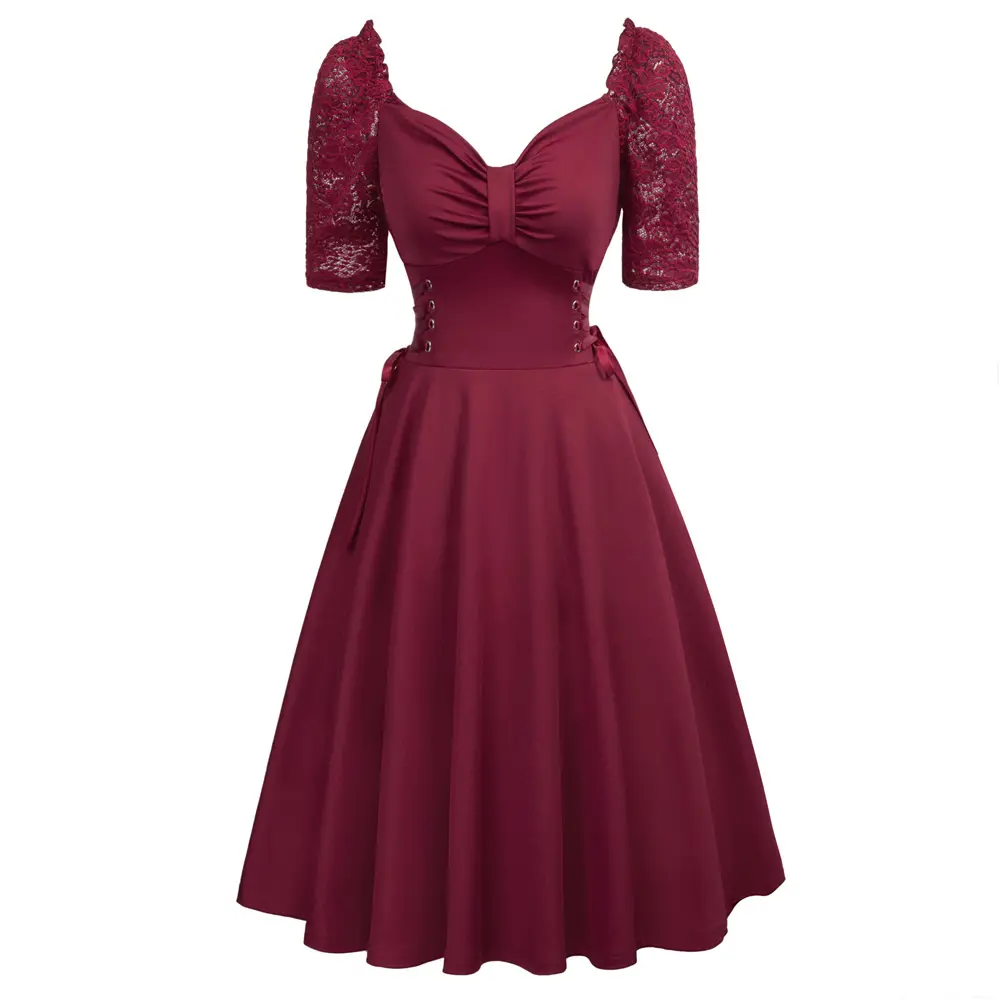 BP000532 Retro Vintage Women's Wine Red Color 1/2 Sleeve A-Line Party Dress