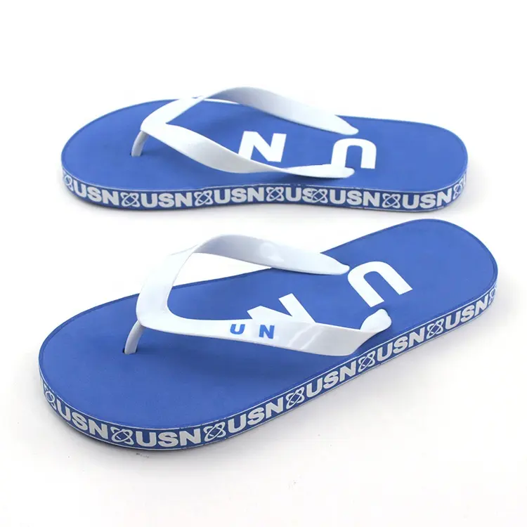 ปรับแต่งขายส่งของขวัญฤดูร้อน unisex ผู้ชาย pvc flipflop blue หนา flip flop eva beach ใช้รองเท้าแตะด้านข้างพิมพ์