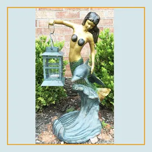 Grande sculpture de bronze d'une femme <span class=keywords><strong>nue</strong></span> en plein air, statue de sirène avec dauphin - Product Image 1