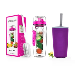 BPA Free Tritan Plastic Water Bottle 32 oz with Long Infuser Basket fruit infuser water bottle with Sleeve, Cleaner Brush