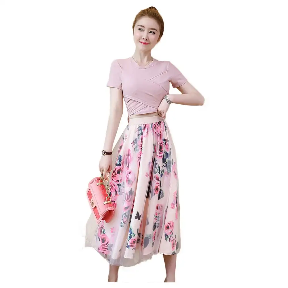 Женская летняя обувь Топ облегающее платье макси юбка с цветочным рисунком комплект одежды из 2 предметов, одежда, платье