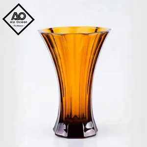 Vas Kaca Berwarna Amber Segi Delapan Tinggi 26.3Cm, Vas Gaya, Vas Bunga Grosir