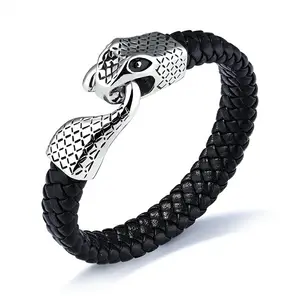 Marlary En Acier Inoxydable Offre Spéciale Tête de Serpent Fermoir Bracelet En Cuir Noir Hommes